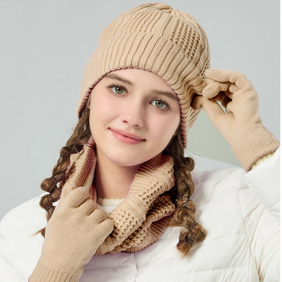 Set 3 Buah Topi Beanie Musim Dingin Wanita Sarung Tangan Snood Topi Musim Dingin Tebal Berlapis Bulu Rajut Warna Polos Hijau Ungu Oranye Biru