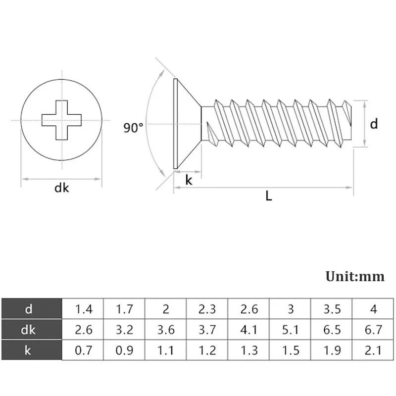 SST304 Thread-Cutting Flat Phillips Screw Cross Countersunk Head Flat Tail Self Tapping Screws M1 M1.2 M1.4 M1.7 M2 M2.2 M2.6 M3