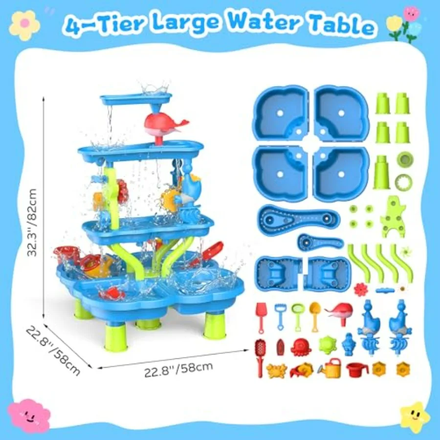 4-Tier Water Table with 20 Toy Accessories for Outdoor Sensory Play, Blue Dolphin and Pink Whale Design, Durable Plastic, Ideal