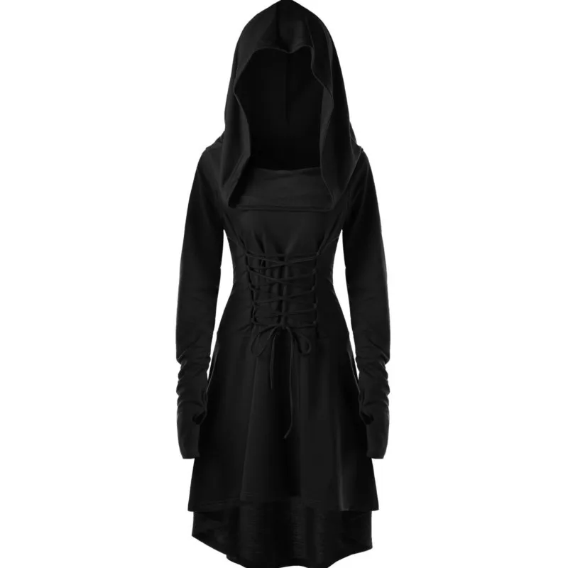 Impreza z okazji Halloween długa bluza z kapturem sukienka średniowieczny Cosplay renesansowy łucznik kostiumy szata z kapturem zasznurowany sweter płaszcz Party Vestidos