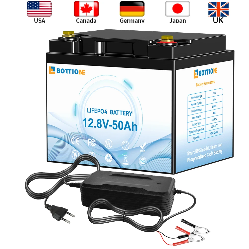 EU/US Stock BOTTIONE LiFePO4 Battery 12.8V 50Ah Lithium ion Battery With BMS LiFePO4 Battery Pack 12V 50AH With Free Shipping