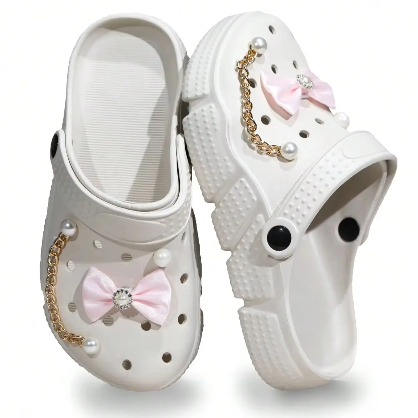 

Women's Lightweight EVA Clogs Pink Bow Thick-Soled Garden Shoes Comfortable Slip-On Footwear for Casual Wear