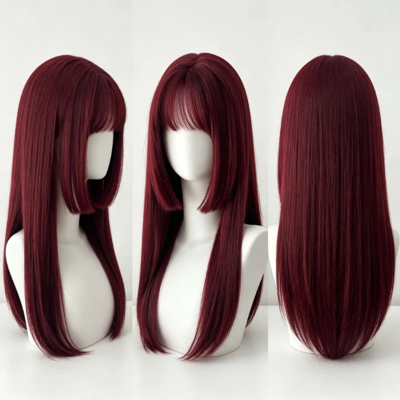 Burgundy long straight wig with bangs 24 inch red synthetic wig women's high temperature silk wig