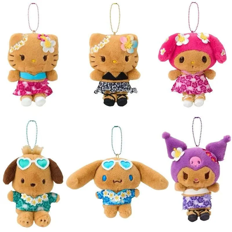 جديد هاواي حمامات الشمس كورومي سينامورول ميلودي أفخم المفاتيح الصيف تان سانريو الجلد الداكن كيتي القط بلوشين دمية قلادة