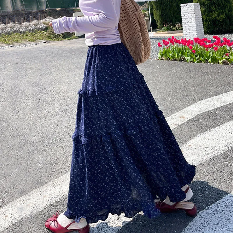 Summer Women Patchwork Ruffles Long Skirts Vintage Y2K Printed Floral Maxi Skirts Female Elegant Chic High Waisted A-Line Skirt