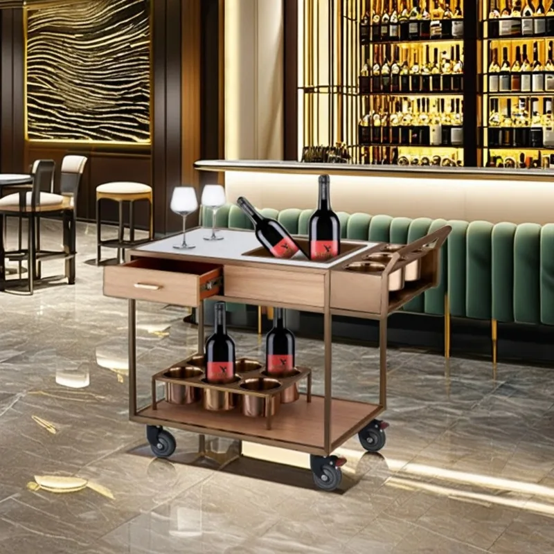 Luxury Rose Gold Mobile Wine Cart Modern Design Drinks Bar Trolley with Ice Tray Bucket Drawer for Home Kitchen Dining Room 4