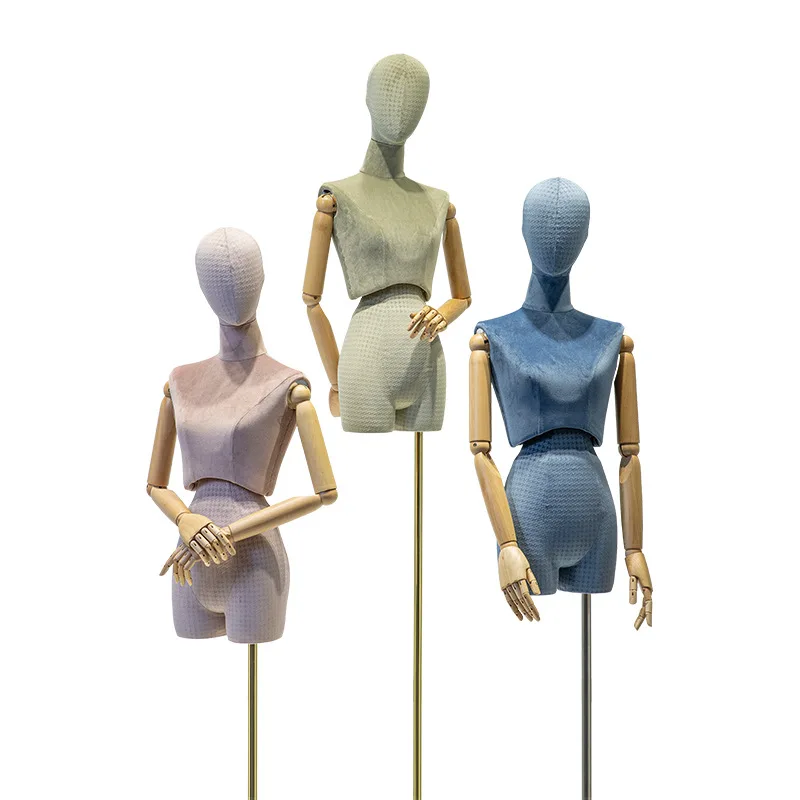 Wood Arm Fabric Cover Female Head Half Mannequin Body Metal Base for Wedding Display Twist Split Waist Women Model