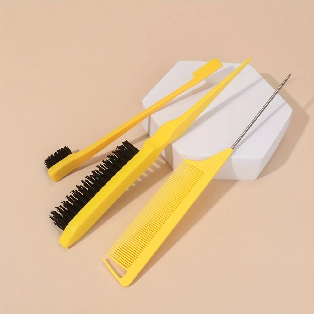 3pc Hair Styling Essentials: Teasing Comb, Detailing Brush & Eyebrow Groomer for Curly Hair