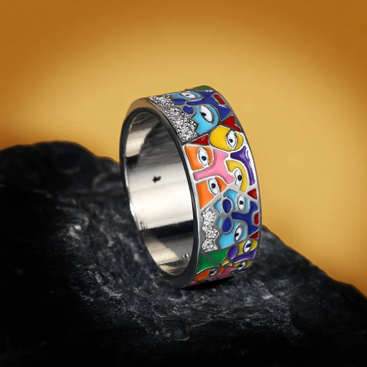 Creative Enamel Set Family Cartoon Girl Ring Necklace 925 Silver Fashion Drop Glue Jewelry Party Birthday Gift Wholesale