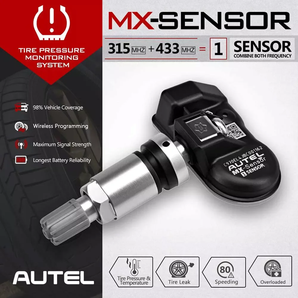 Capteur TPMS Autel MX‑Sensor 315 MHz 433 MHz 2-en-1 universel programmable avec valve métallique à visser, moniteur de pression des pneus, remplacement OE pour TS508 TS408 ITS600 MaxiTPMS, couverture de 98 % des véhicules, valve en aluminium, outils de réparation de pneus automobiles