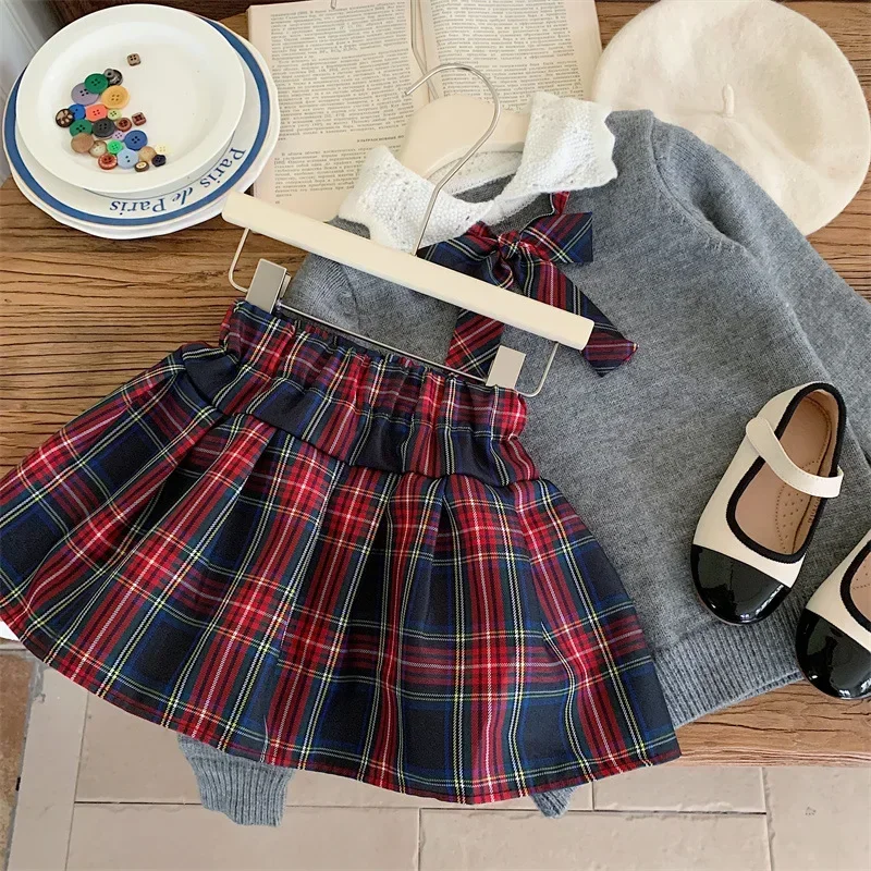 New Kids Boutique Clothes Girls JK Preppy Style Gray Sweater + Plaid Skirt 2-piece Set Kawaii Knitwear Baby Girl Outfit Set 2-7y