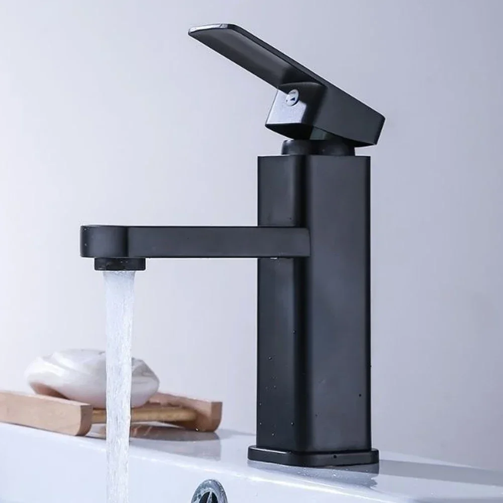 Black Bathroom Faucet Hot Cold Water Sink Mixer Tap Stainless Steel Paint Square Basin Faucets Single Hole Tapware Deck-mounted