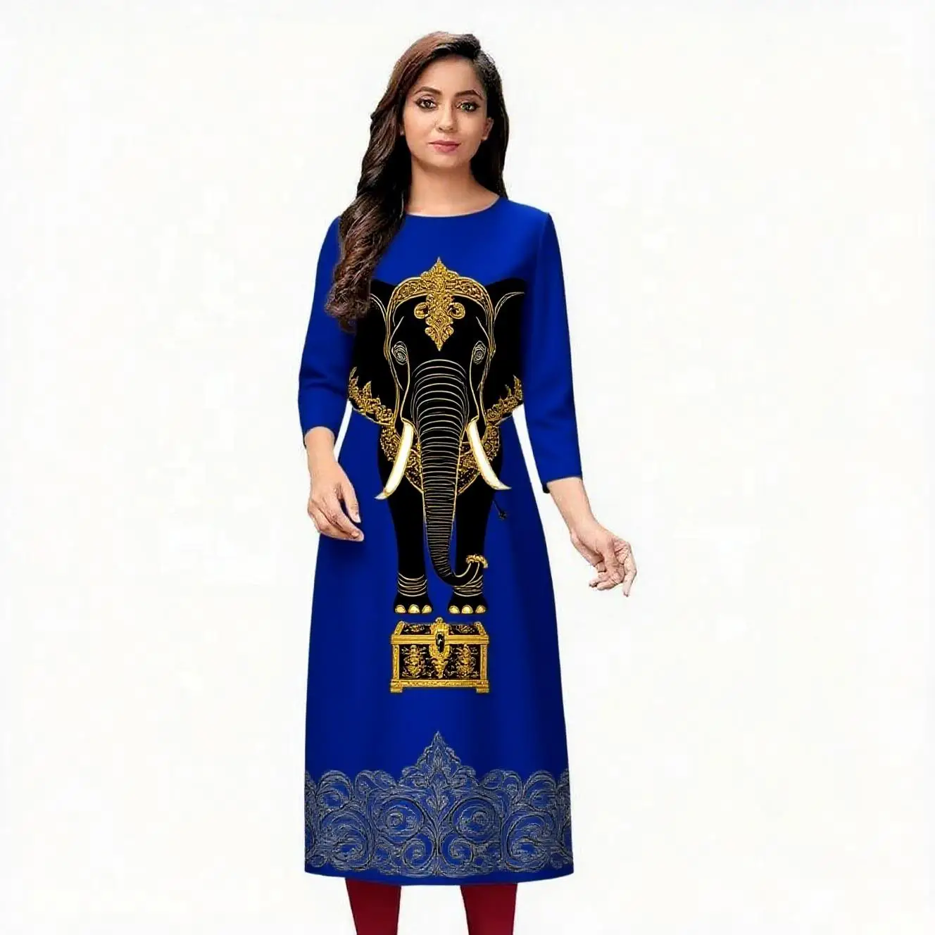 Abito da donna kurt alla moda a maniche lunghe a tubo dritto, casual, girocollo, motivo elefante.