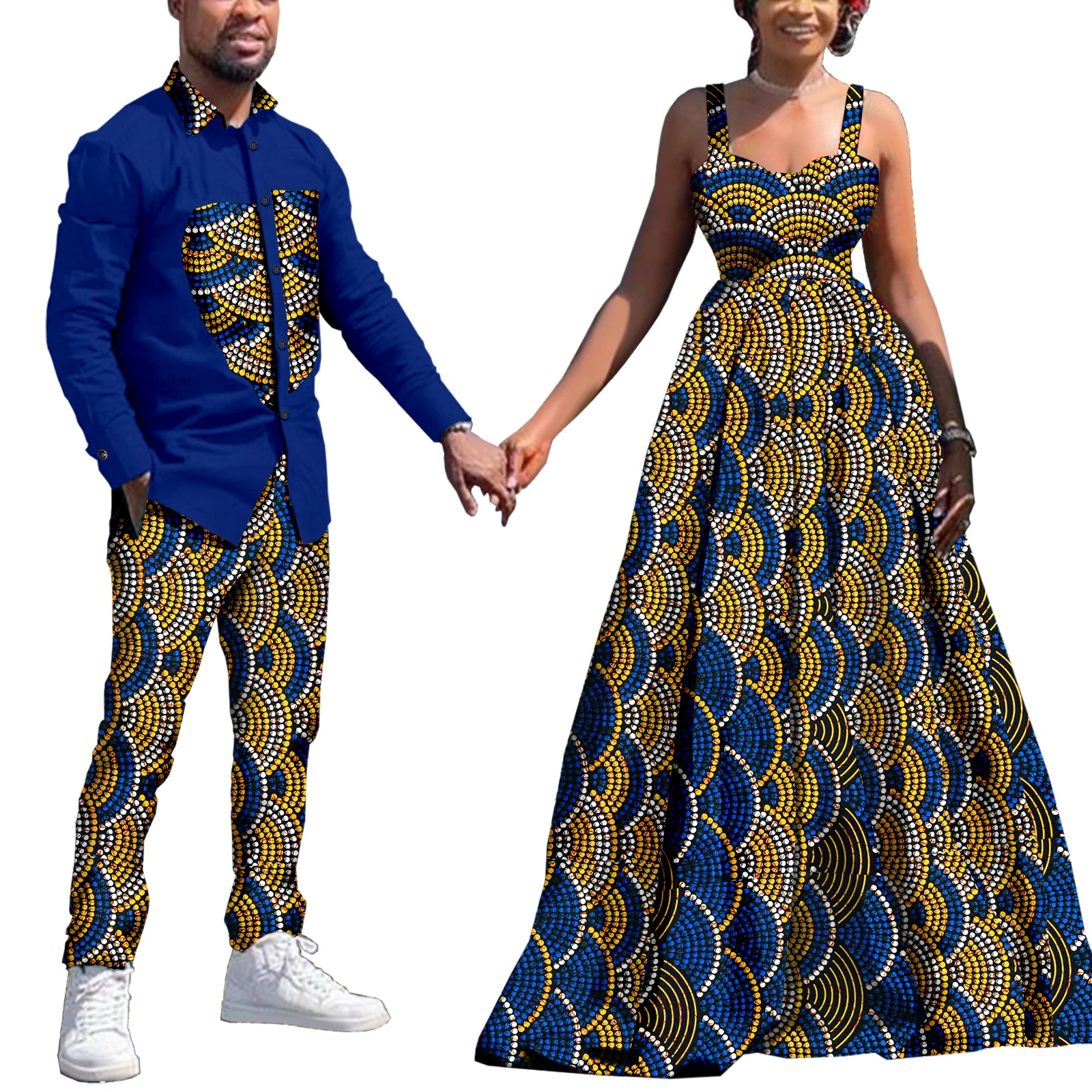 African Couples Women Print Wax Cotton Fashion Patchwork Hot Dress& Men 2 Pieces Shirt and Pants Sets