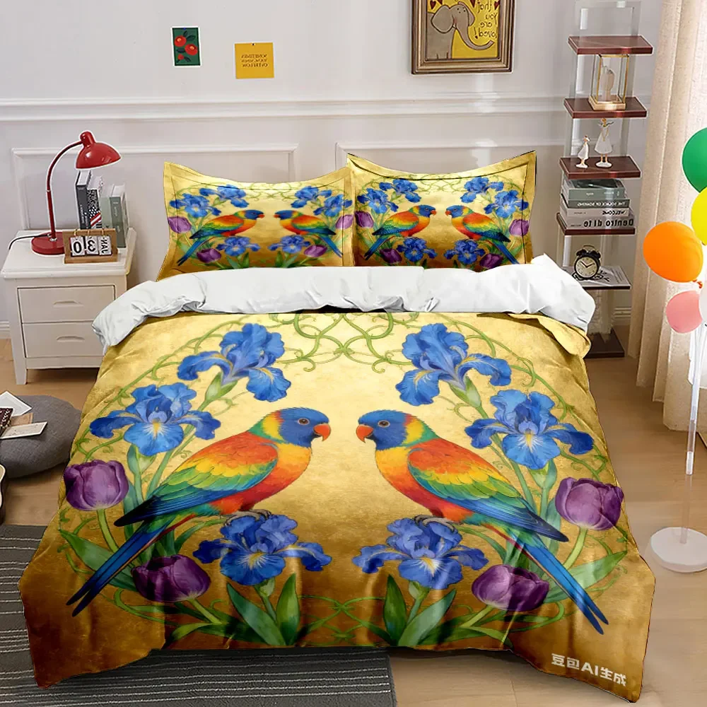 Colorful Parrot Floral Set Decoration Multiple sizes kid's and adults' bedroom Exquisite 3PC bedding set, gift