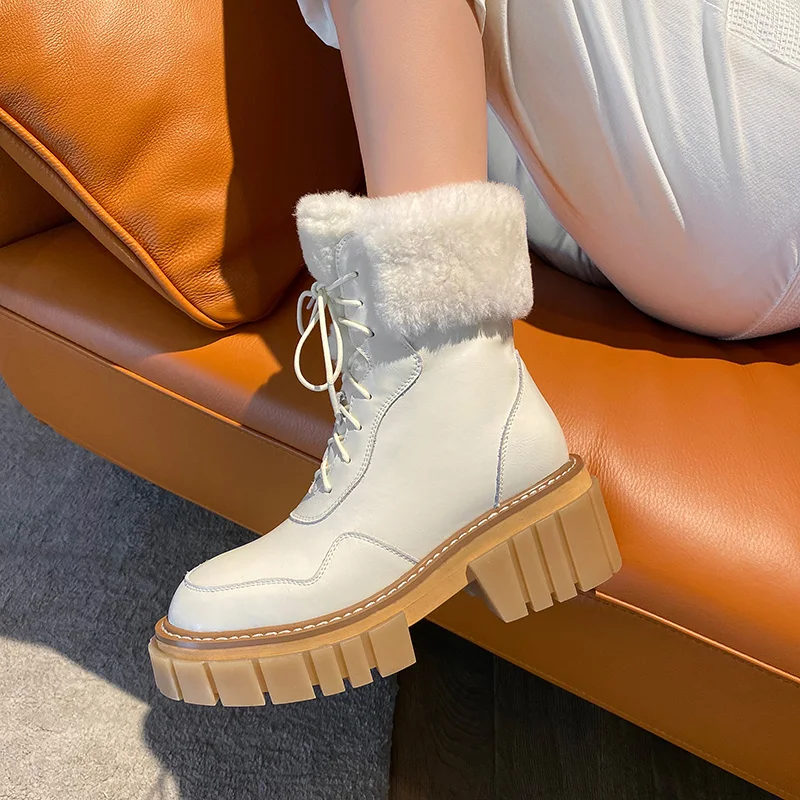 2022 winter shoes Women ankle boots natural leather plus size 22-26 CM Cowhide+wool modern boots warm snow boots platform shoes