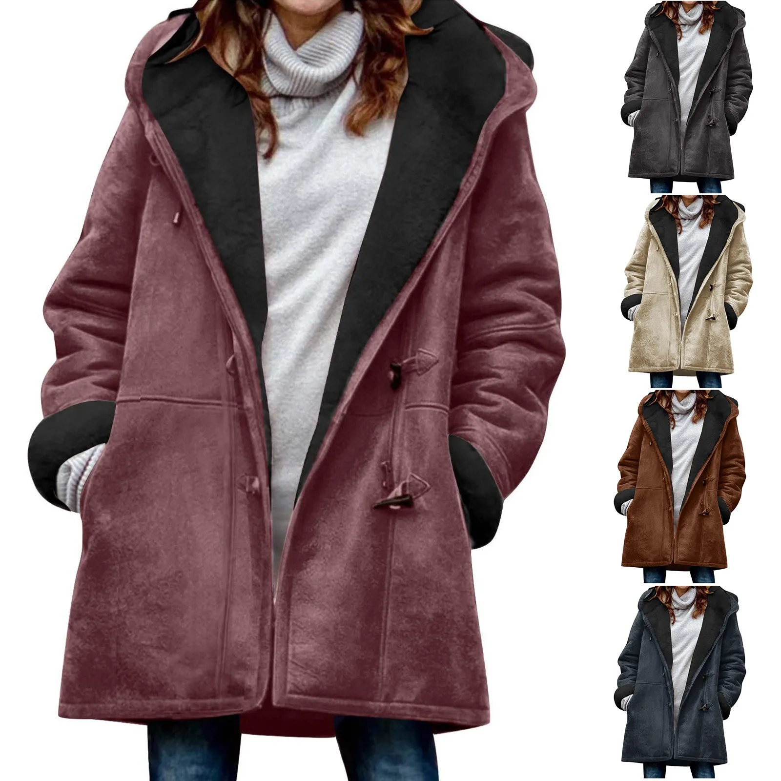 

Women Plus Size Jacket Warm Coats Autumn Winter Solid Loose Hoody Jacket Long Sleeve Horn Buckle Pocket Overcoat Ropa De Mujer