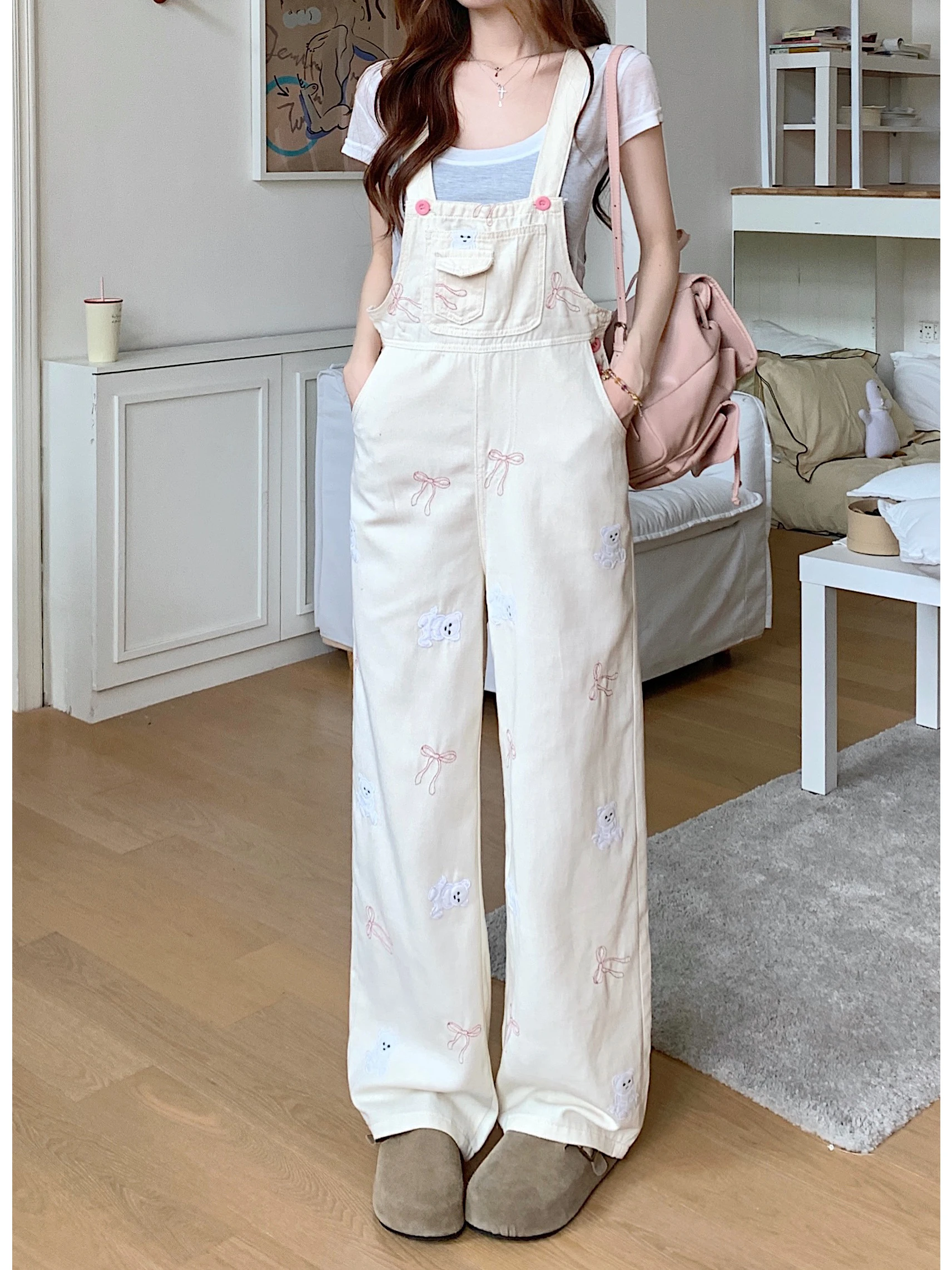 

Женские джинсовые комбинезоны с высокой талией, свободные повседневные, с вышивкой и узлом, прямые брюки, осенний сезон
