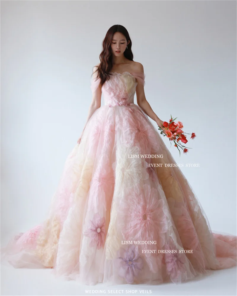 LISM Fairy Flowers Tulle A-Line Evening Dresses Korea Photo Shoot Off The Shoulder Wedding Prom Gowns Corset Back Formal Dress