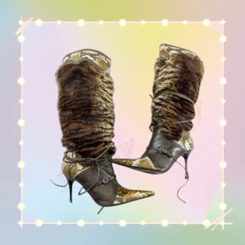 

Brown Fur Decor Snakeskin Pointed Toe Boots Thin Heels Lace up Shoes Mid Calf Shoes for Women Shoes 2025 Zapatos Para Mujere