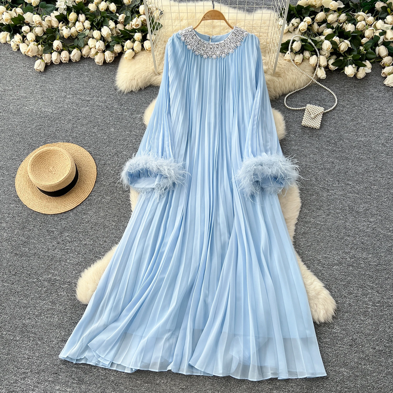 Chic vintage long sleeve rhinestone O-neck mesh Elegant Fairy korean fashion Boho women clothing dress