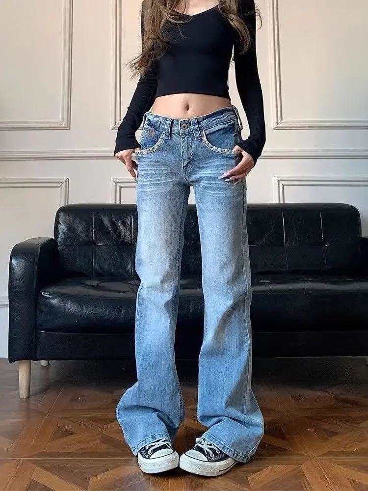 Retro American Leopard Print Patchwork Low Waist Straight Leg Jeans Women's High Street Design Slimming Skinny Version Pants