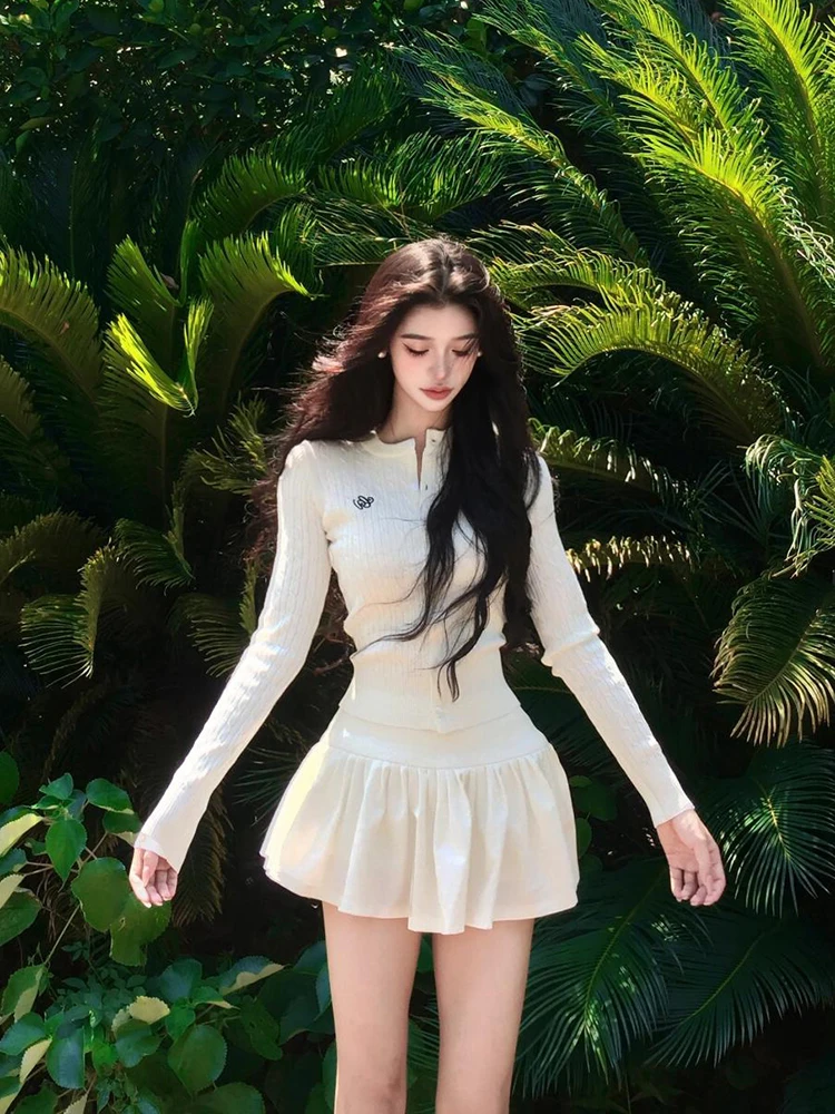 

Ele White Knitted Dr And Top Set Women's Slim Fit High Waist Skirt Spring Faion Outfit Long Sve round Ne