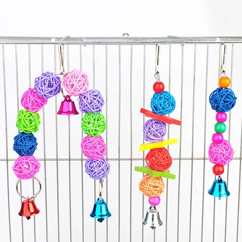 Parrot Chew Strands Wooden Bird Parakeet Bite Molar Toys Rattan Ball With Bell For Pet Bird Cage Hangable Chewing Toy Bird Items