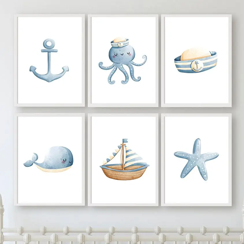 Cute Whale Octopus Starfish Sail Boat Anchor Hat Blue Marine Life Nursery Wall Art Canvas Posters Home Pictures Kids Room Decor