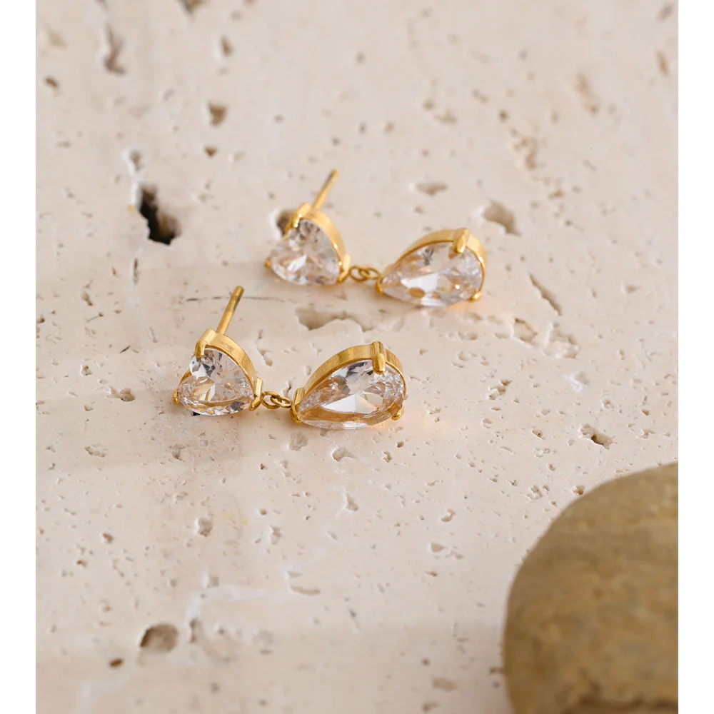 Yhpup Bling Small Dangle Earrings Stainless Steel Cubic Zirconia Heart Waterdrop High-Grade Shiny Luxury Jewelry PVD Waterproof