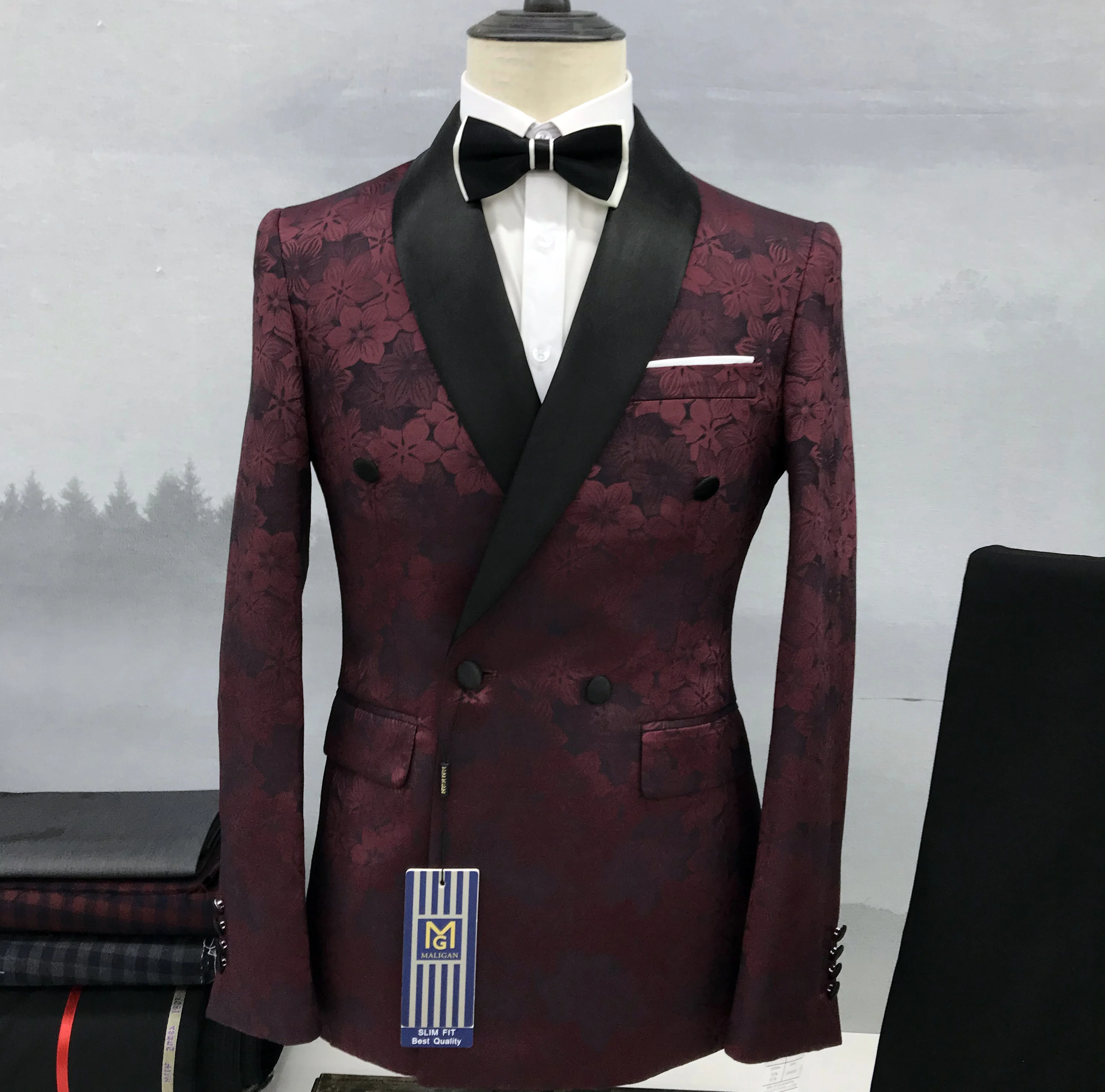 Blazer floral pronto para usar xale lapela duplo breasted vestido de casamento do noivo calças jaqueta inteligente negócios casual ternos masculinos