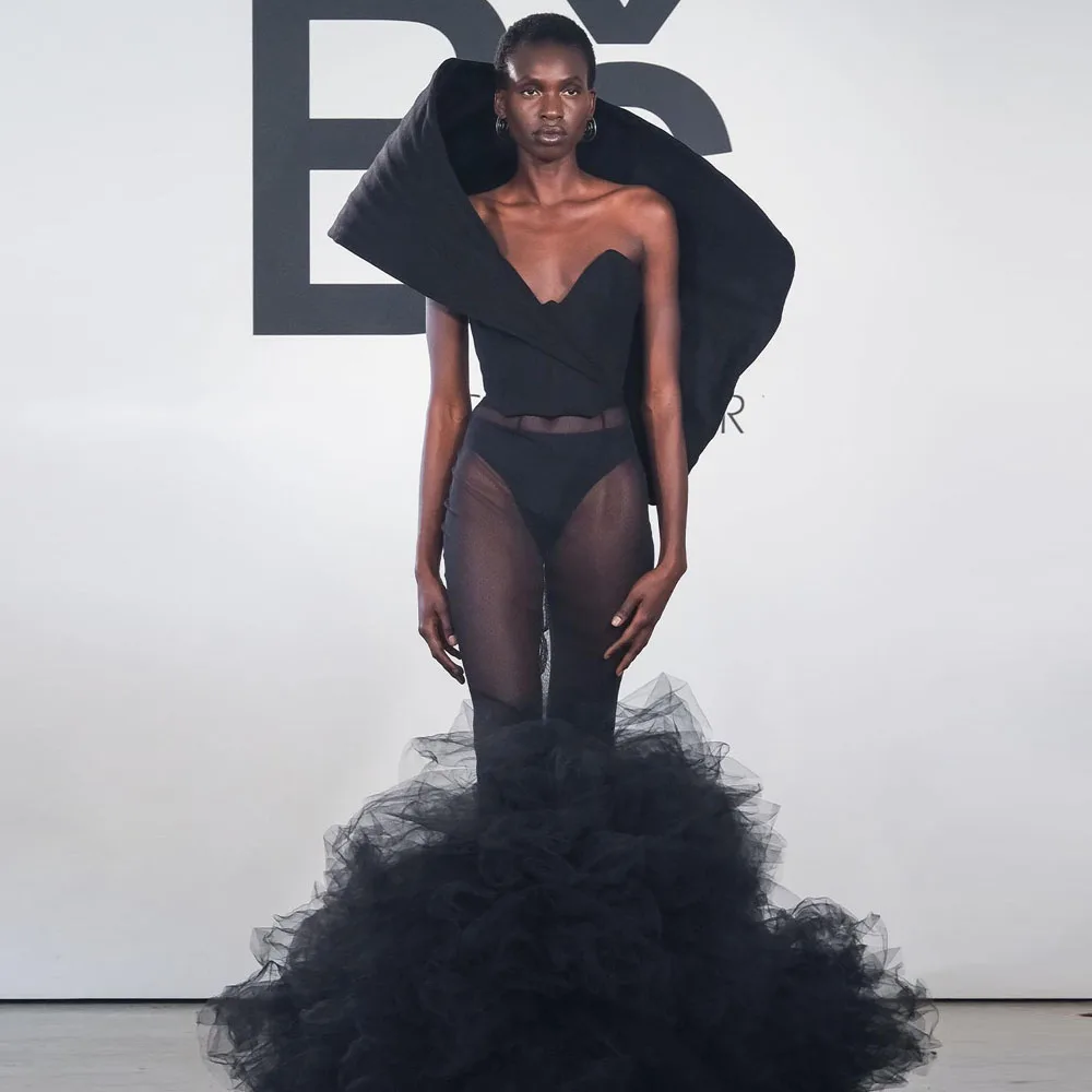 

Couture Black See Thru Tulle Long Mermaid Skirts With Layered Volume Tulle Bottom Female Stage Show Skirt