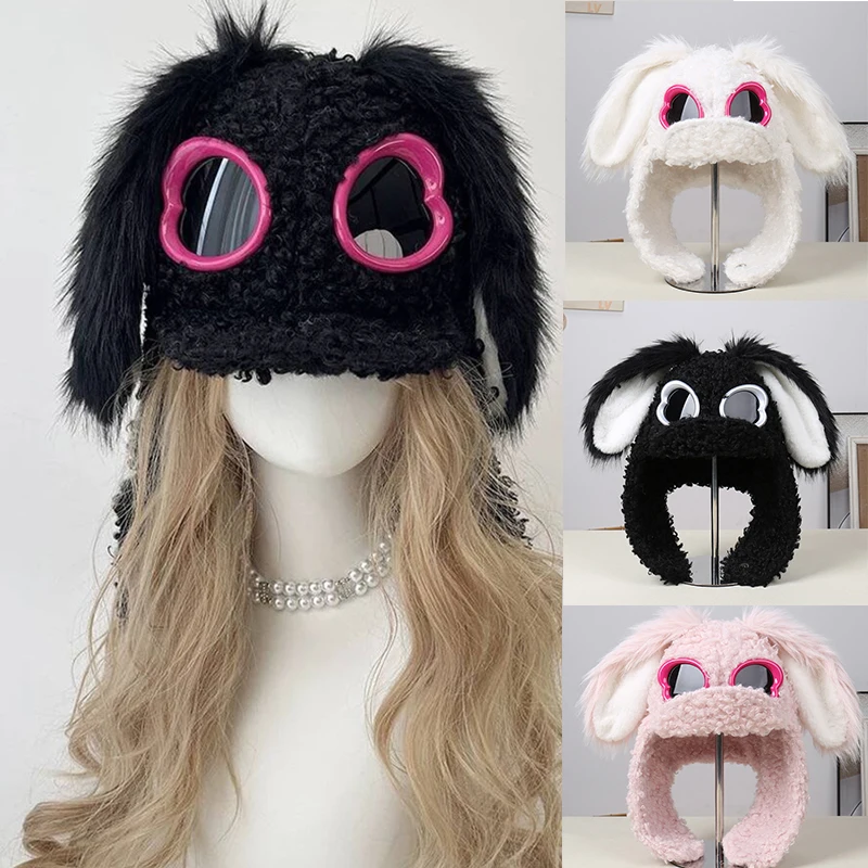 

Trendy Y2K Long Ears Cute Blackened Rabbit Cap Curly Lamb Plush Goggles Spicy Girl Ear Protection Autumn Winter Keep Warm Hats