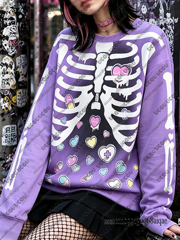 2026 Autumn Winter Gothic Hip Hop Kawaii Halloween Hoodies For Women Y2K Skull Street Sweatshirts Girls Halloween Cosplay Tops view 4