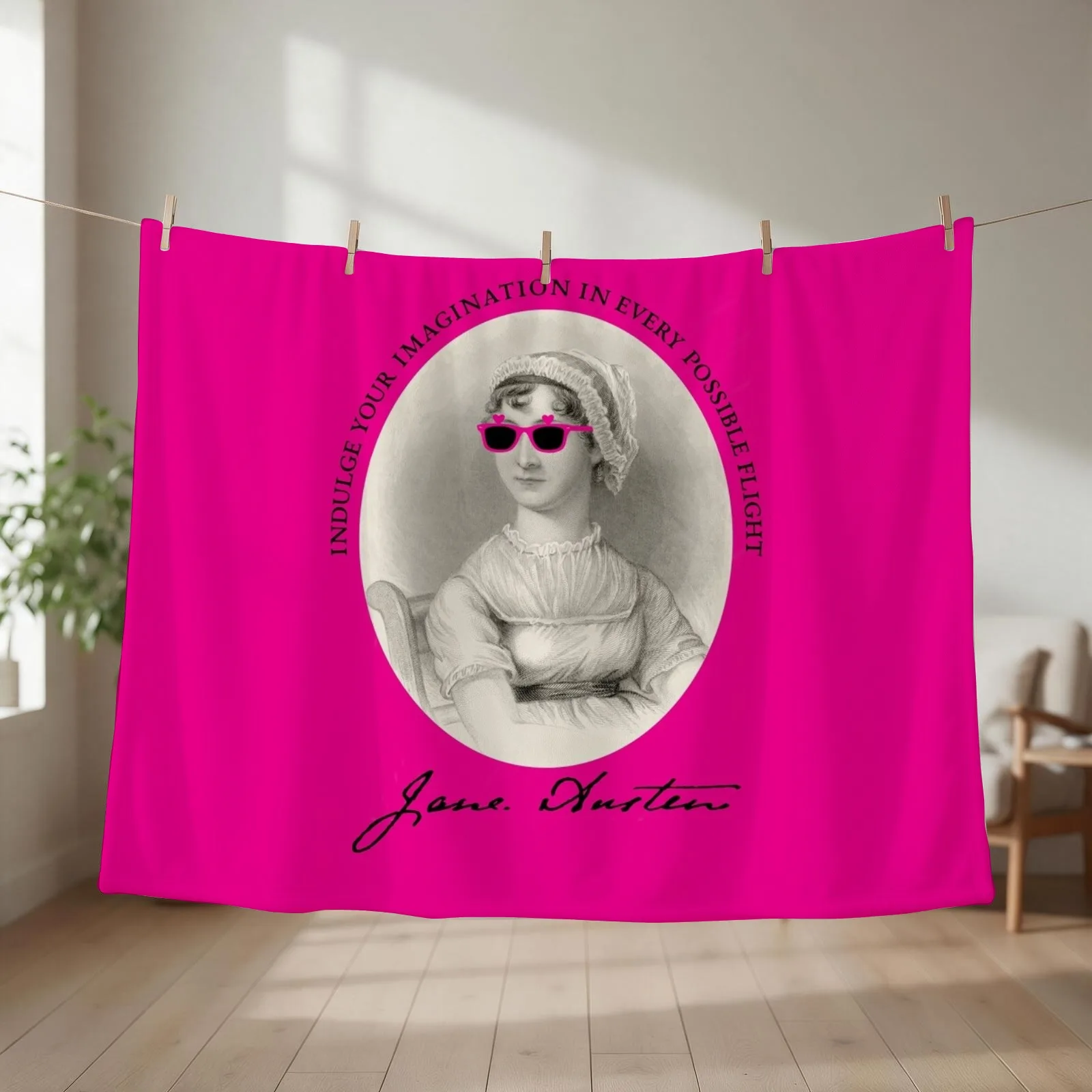 Jane Austen Quote Portrait Pink Throw Blanket couch cozy soft plush fuzzy picnic outdoor blanket