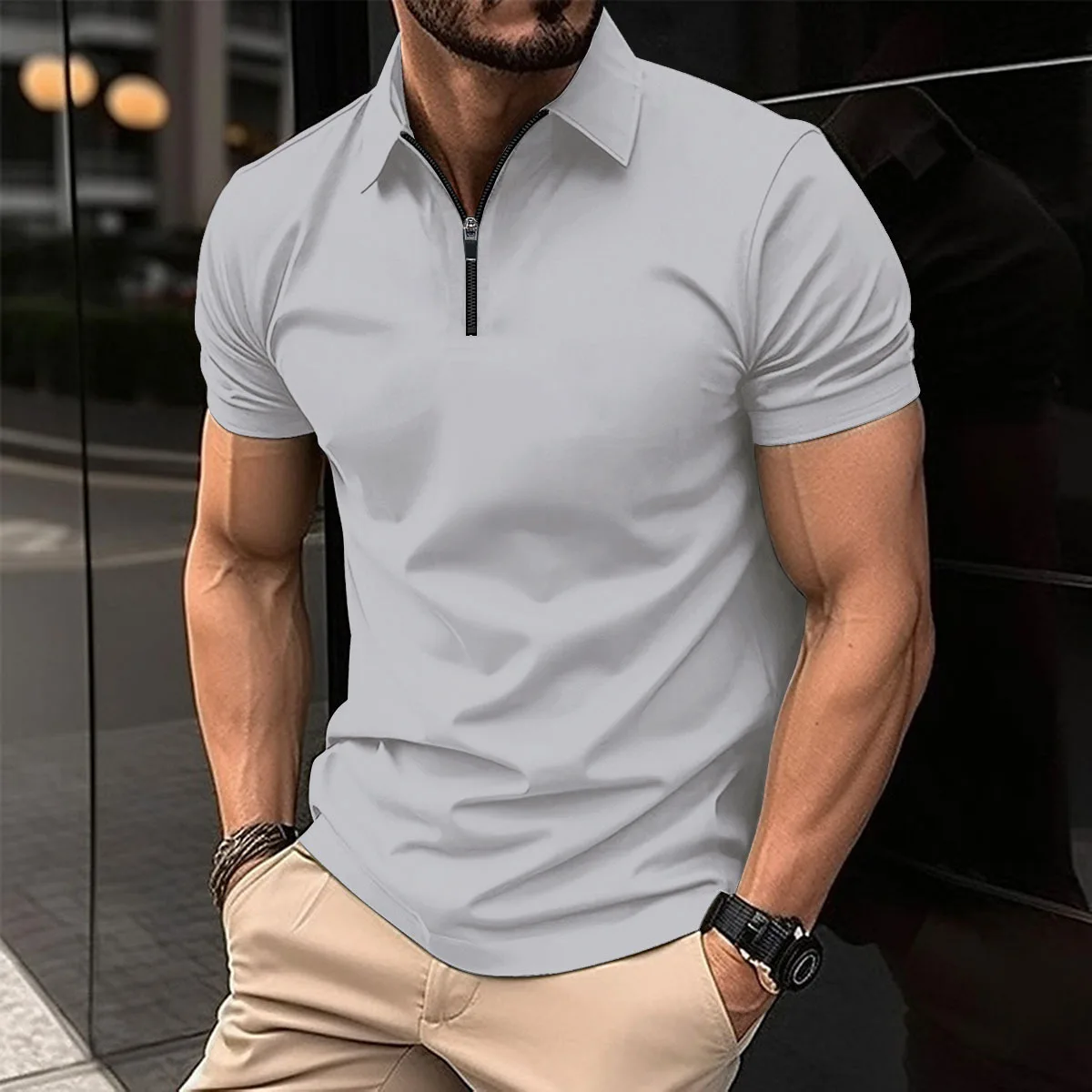 Summer new men\'s casual lapel short-sleeved T-shirt zipper solid color men\'s sports polo shirt