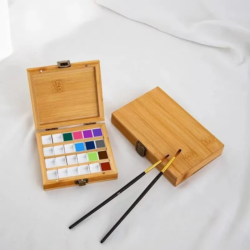 Portable Wooden Handmade Watercolor Paint Box Empty Box Push-pull/Flip Style Mini Black Bamboo Paint Palette Painting Supplies