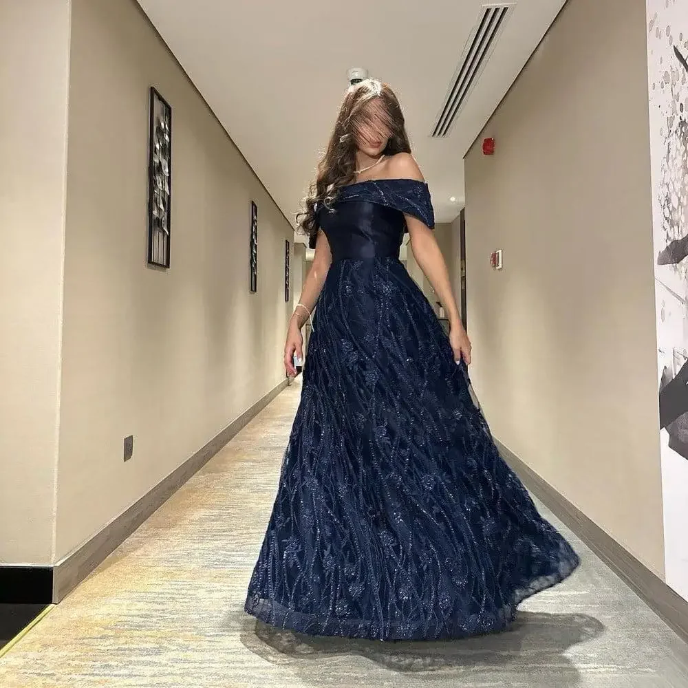 

Arabia Luxury Navy Blue Off-Shoulder Evening Gowns Satin Bodice All-Over Floral Sequin A-Line Prom Gala Red Carpet Dresses