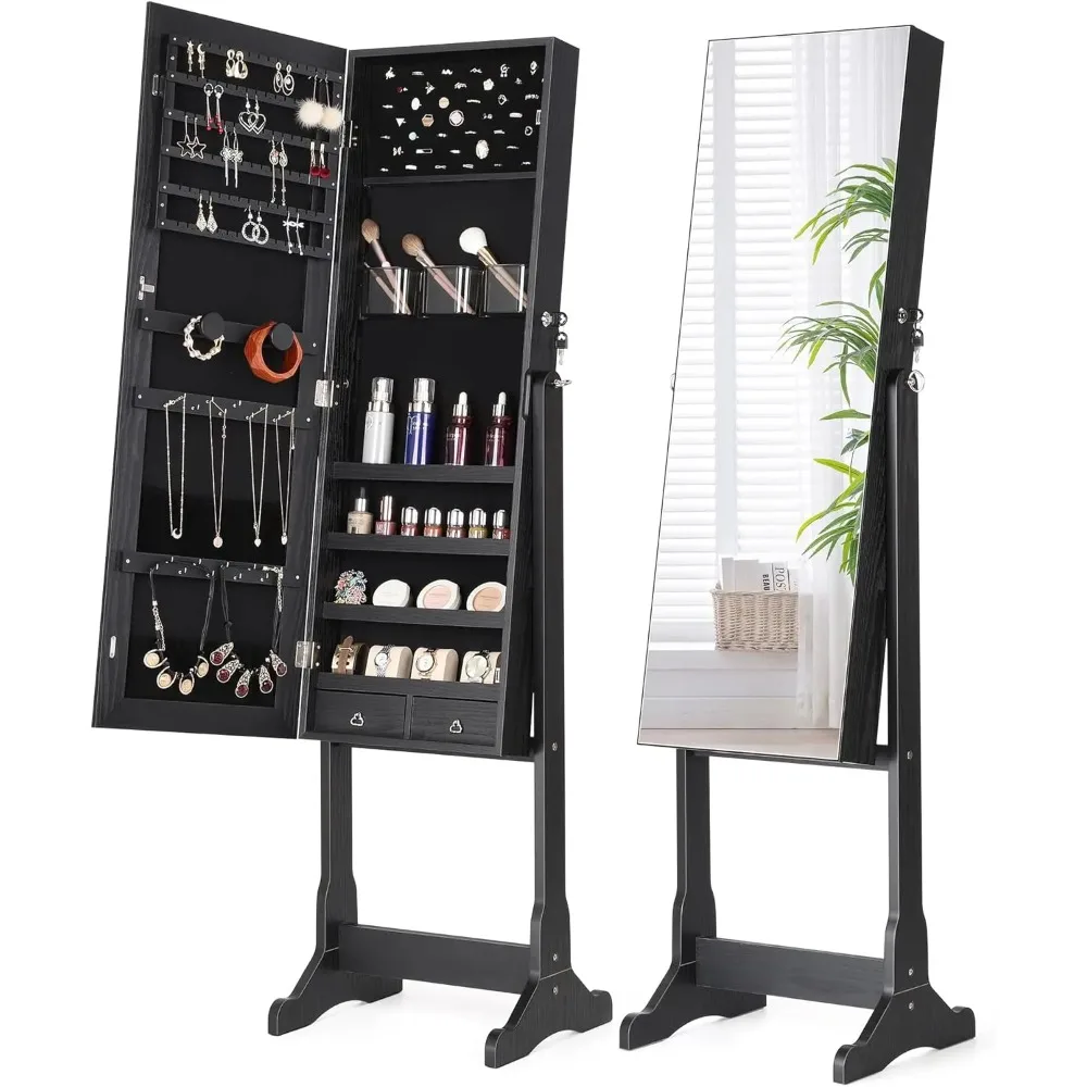 Jewelry Cabinet with Full Mirror, Vertical Lockable Jewelry Cabinet Mirror Organizer, 3 Adjustable Angles, Black