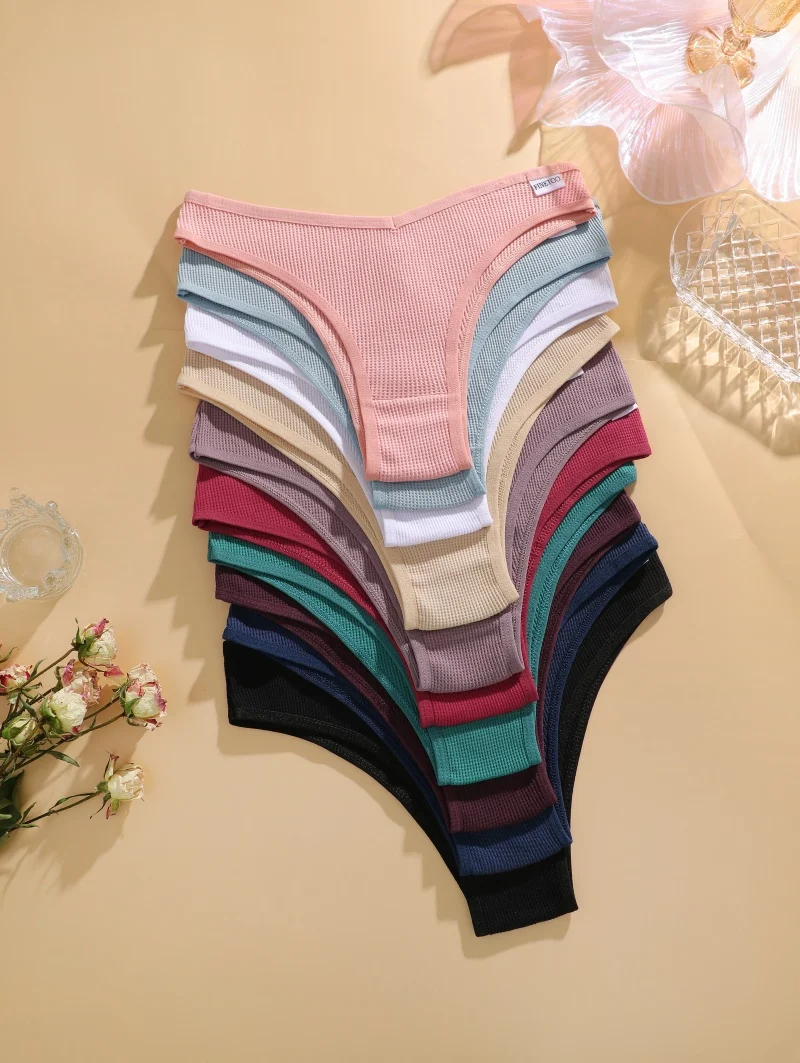 

7pcs/set Women's Waffle Cotton Panties Sexy V Waist Brazilian Panties Female Breathable Soft Underwear Solid Stretch Lingerie