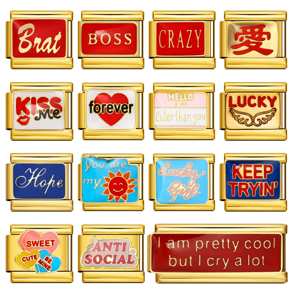 Design 9mm alle Gold Farbe Charms Kiss Me Forever Keep Tryin Sun Schmuck Link italienische Edelstahl Armband DIY Herstellung Perlen