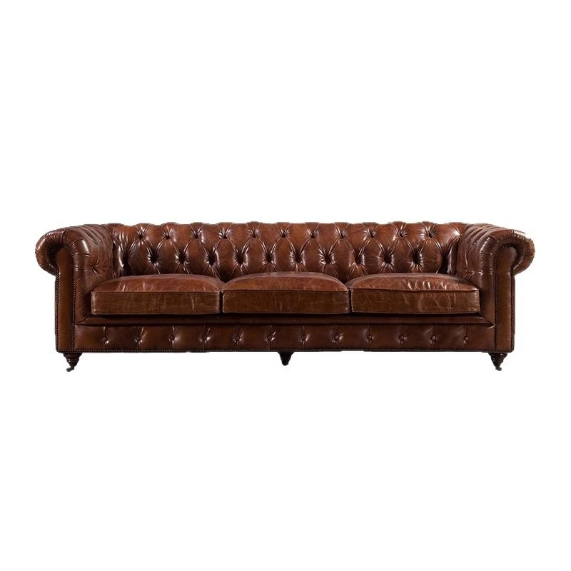 

European style pull-button three-seater living room size house type clubhouse oil wax leather combination sofa