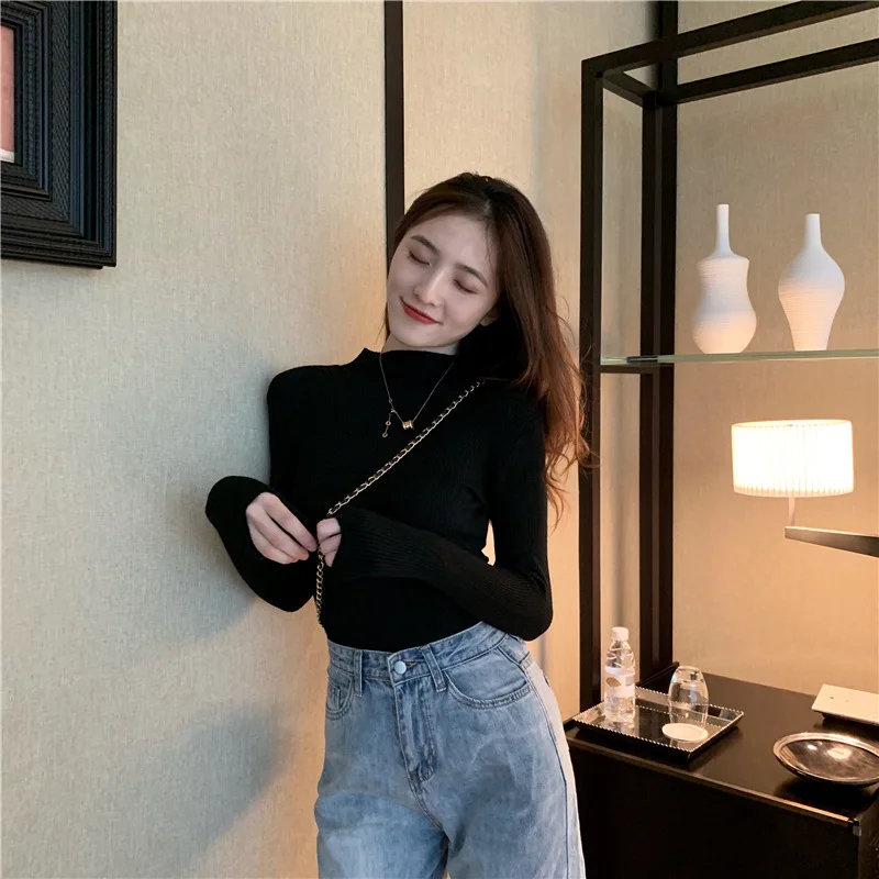 الخريف الشتاء المرأة سليم صالح عالية Ne محبوك سترة قاعدة irt لون نقي تنوعا طويلة Sve الملابس الصينية #3