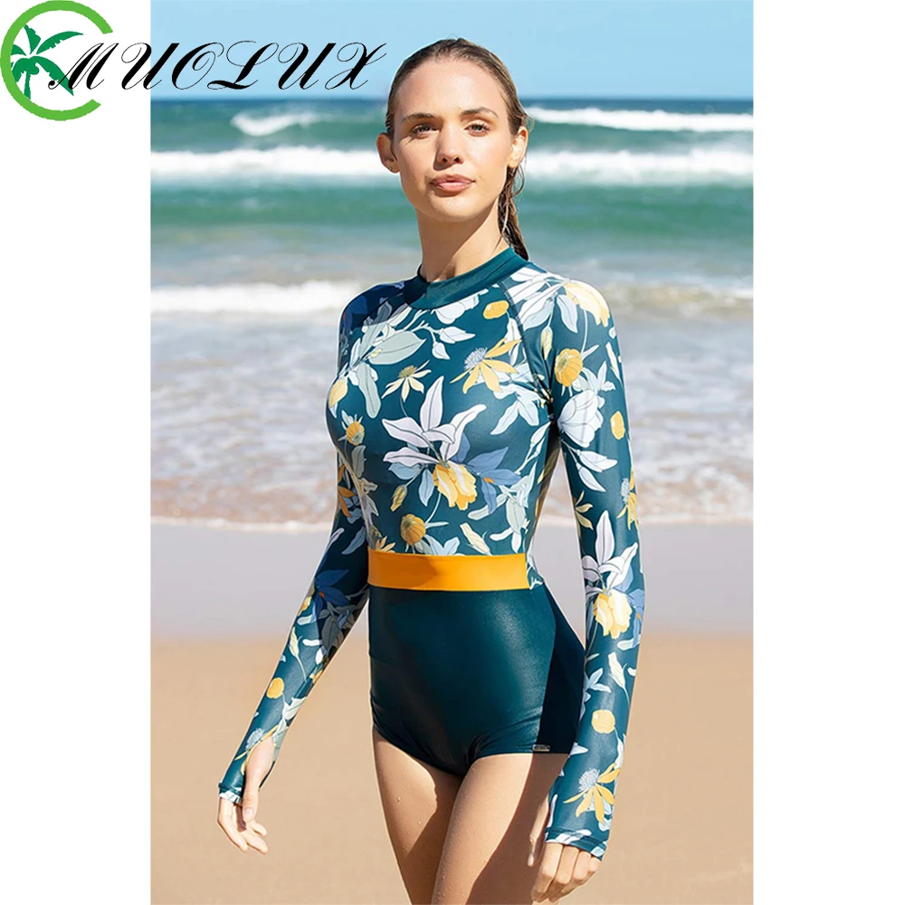 MUOLUX Women\'s Swimwear 2024 Long Sleeve Rash Guard One Piece Swimsuit Sports Beachwear Bather Bathing Suit Monokini Bodysuits