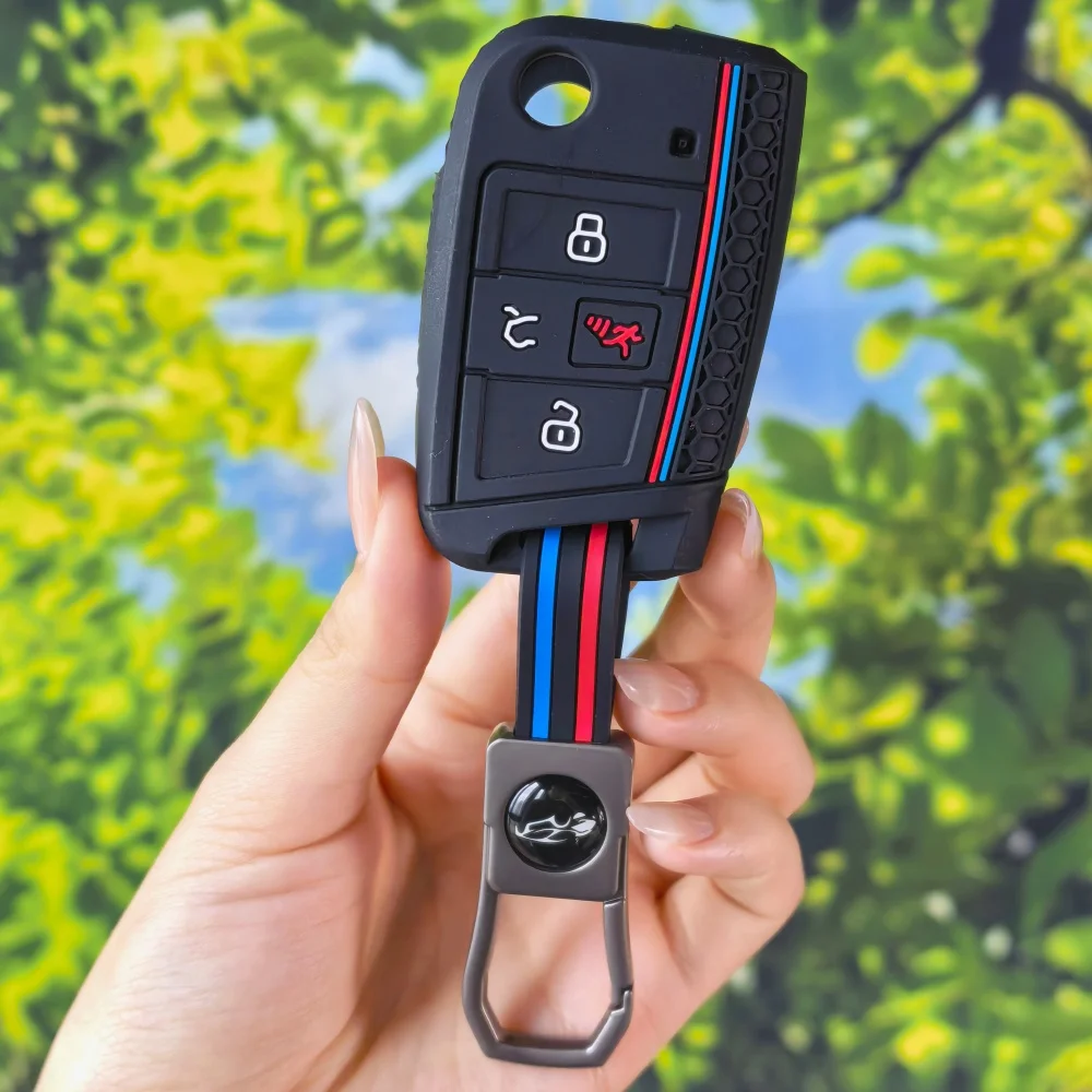 M Race Stripe Silicone Key Shell With Keychain For VW Golf GTI Alltrack Golf R Sportswagen Polo Skoda Tiguan Atlas e-Golf Jetta