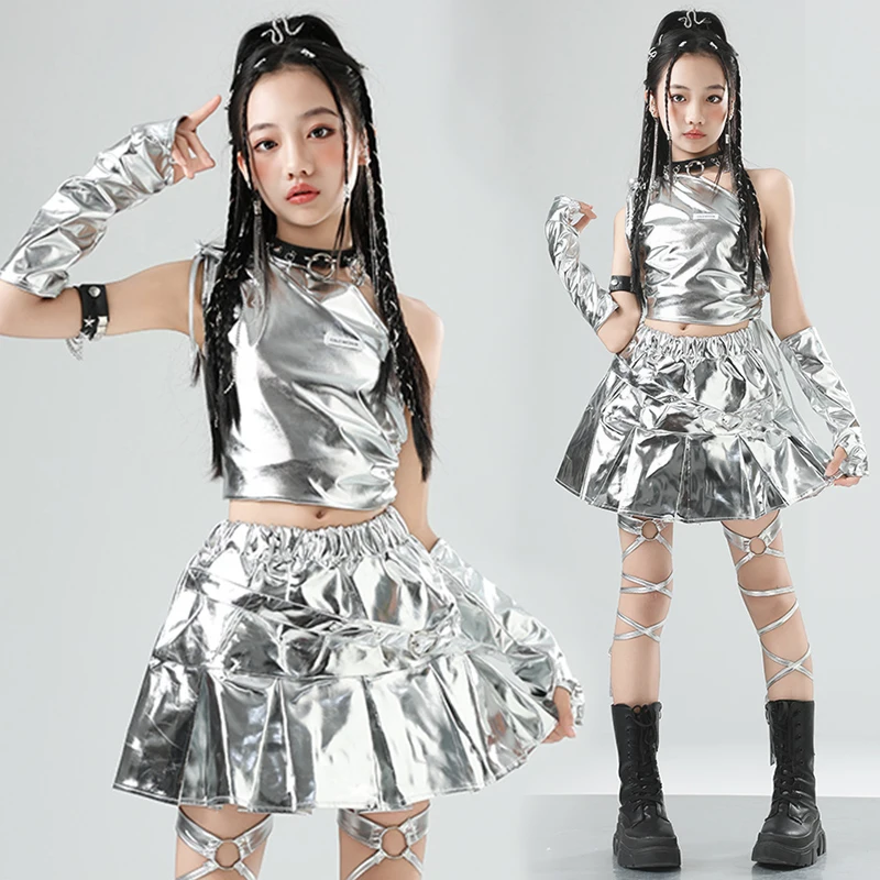 

Костюм для танцев Kpop, детский костюм для джазового выступления, комплект с серебряным топом и юбкой, школьный костюм для шоу, модная уличная одежда для девочек, VDL4648