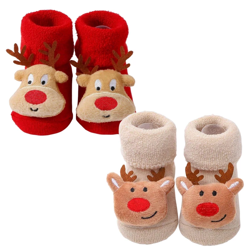 

2 Pairs Baby Red Christmas Socks Winter Warm Newborn Non-slip Floor Sock 0-1Year Boy Girl Cute Thicken Warm Plush Hoop Socks