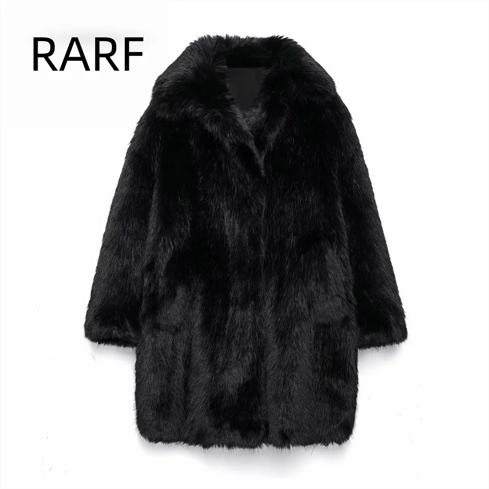 2024  Winter  New  Style  Women's  Casual  Luxury  Black Fur Artificial Fur Effect Solid Color Coat`