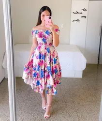 Vestido con estampado De flores para Mujer, con hombros descubiertos De verano traje Sexy, manga corta, elástico, Irregular, informal