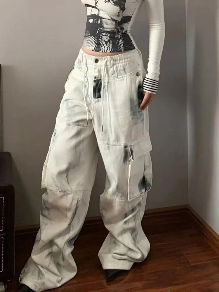 High Waist Women Tie Dyeing Jeans White Baggy Cargo Jeans Pants For Women Clothing Straight Loose Lady Hip Hop Harajuku Trousers